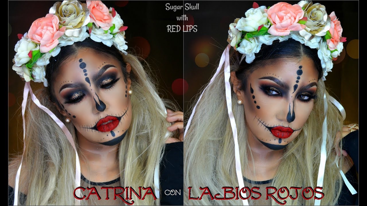 💀CATRINA con LABIOS ROJOS / 👻Sugar Skull with RED LIPS makeup tutotial | auroramakeup