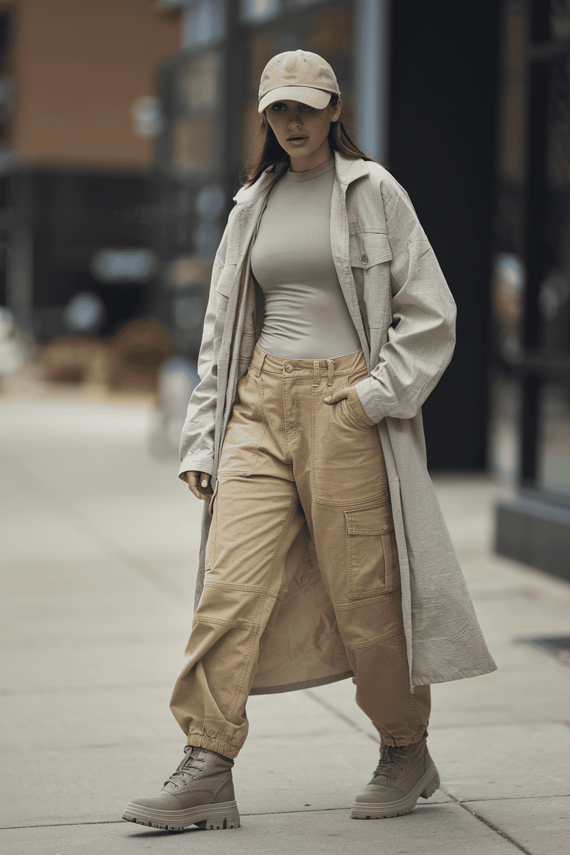 Stylish woman in trendy casual outfit with cargo pants and trench coat strolling city sidewalk.