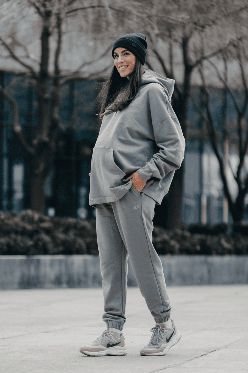 Confident woman in athleisure wear poses stylishly in urban environment with greenery.