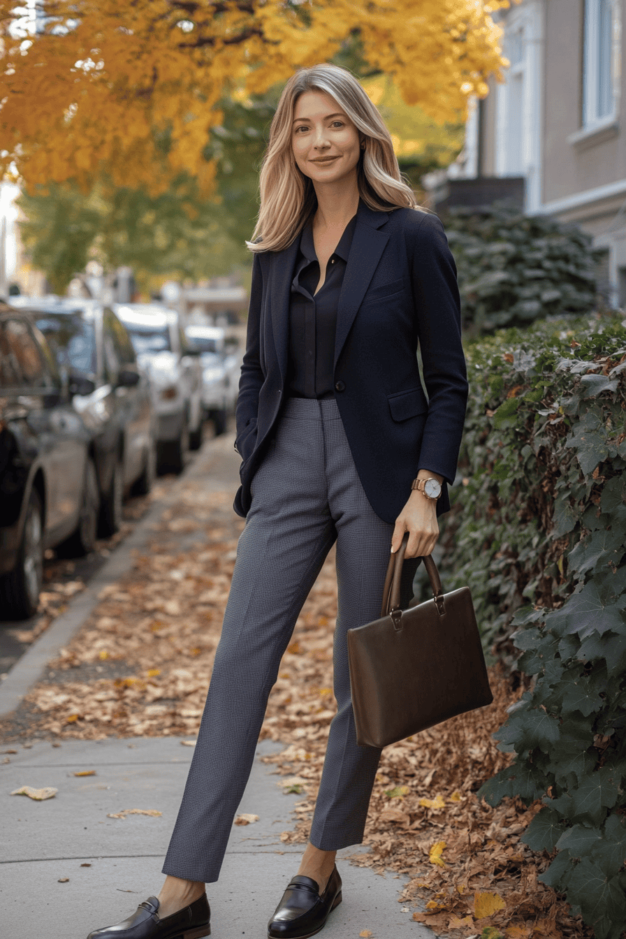 Stylish businesswoman in autumn outfit walking on leaf-covered city sidewalk with colorful fall trees.