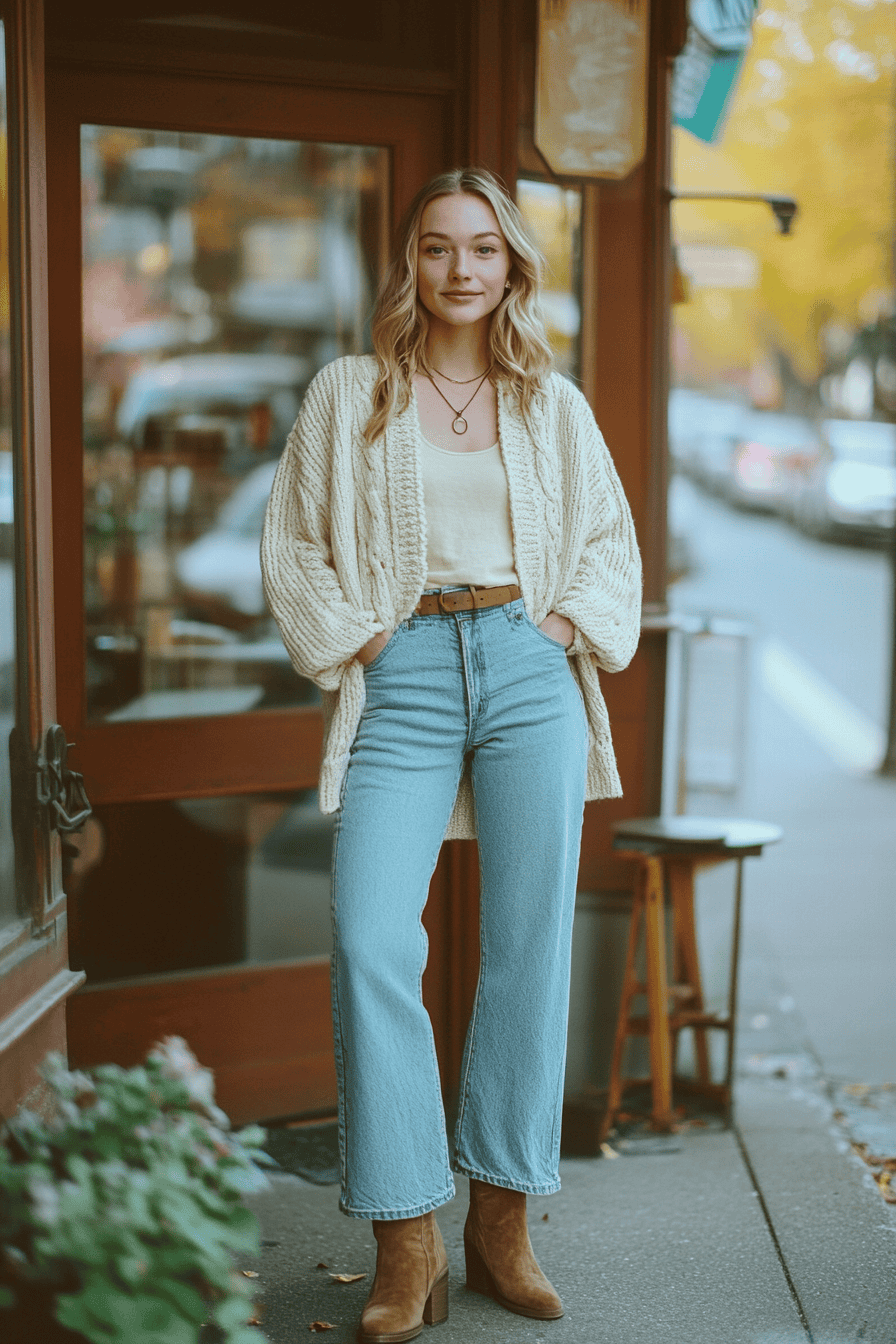 Woman in cozy fall outfit outside café, wearing knit cardigan and jeans, autumn street style.