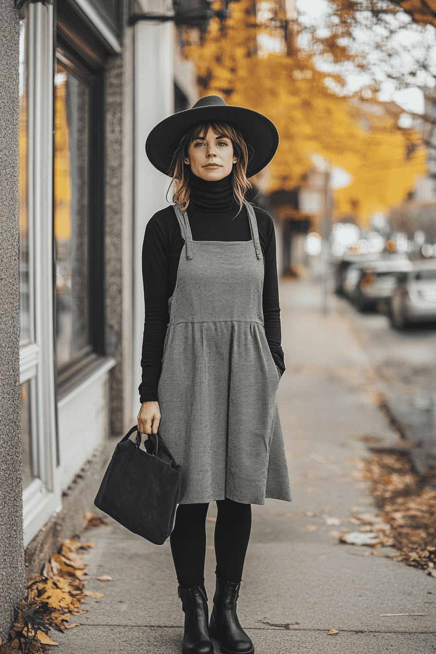 Chic woman in autumn outfit with hat, gray dress, and black boots on city street.