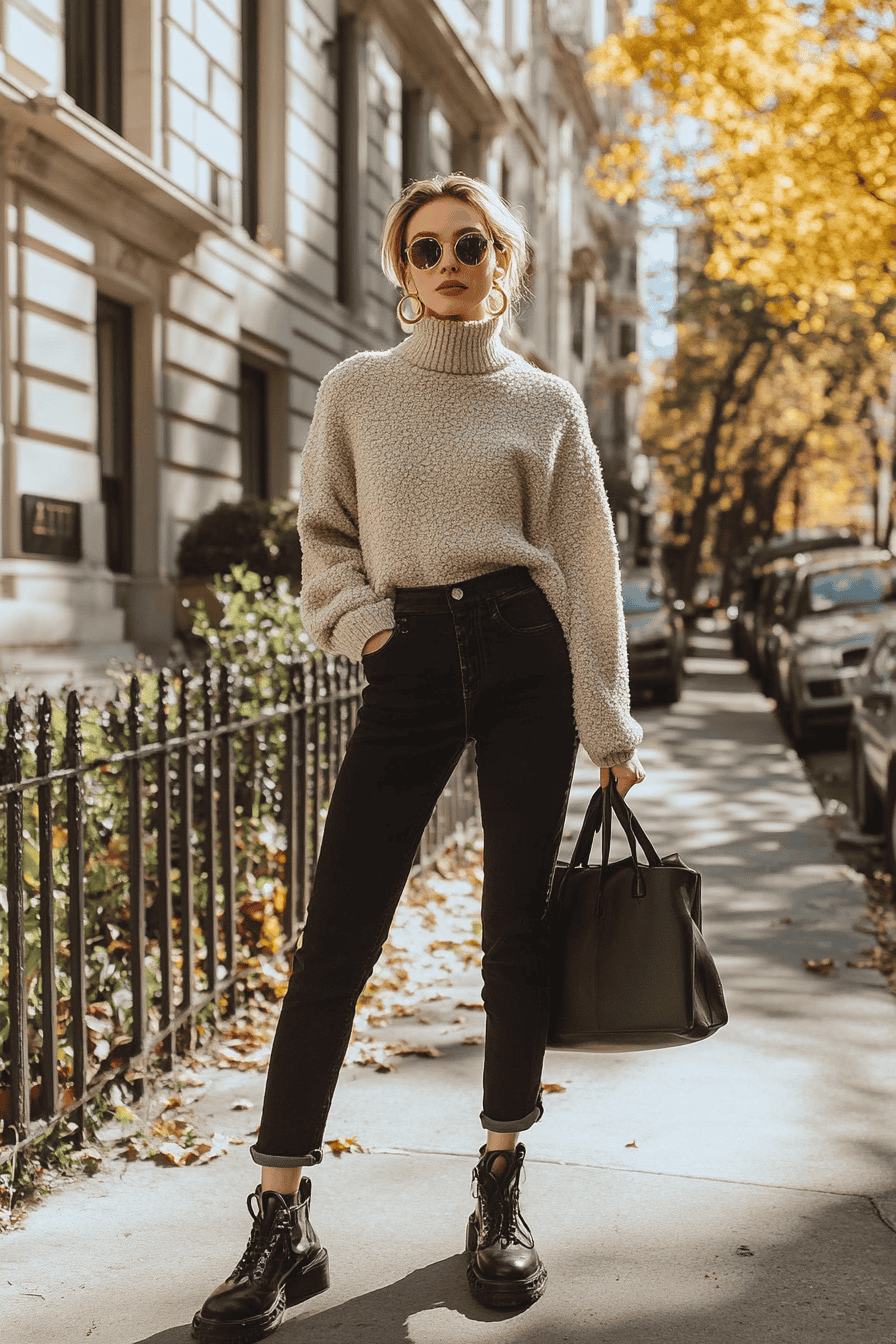 Stylish woman in fall outfit with sweater and boots walking in autumn city street.