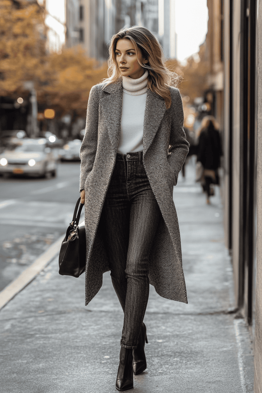 Chic woman in houndstooth coat walking city street, autumn fashion, urban style, trendy outfit.