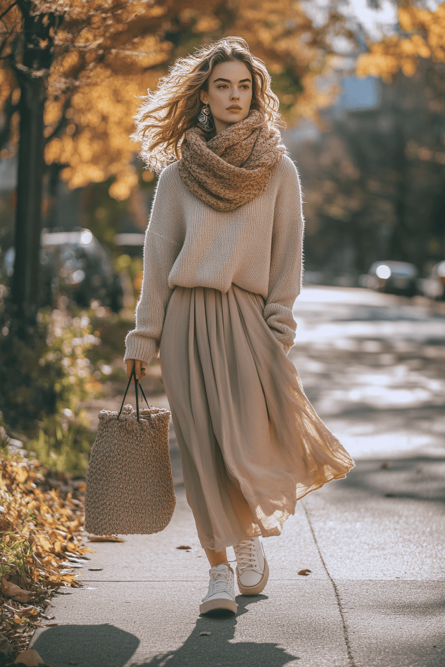 Stylish woman in cozy autumn outfit walking outdoors with fall leaves, knitted sweater, and tote bag.