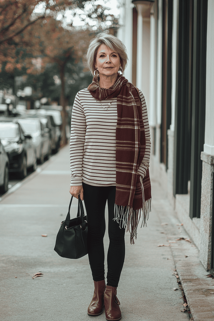 Stylish older woman in autumn fashion with scarf and boots standing on a city sidewalk.