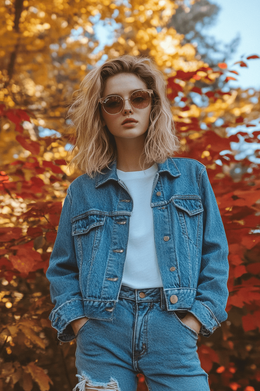 Stylish blonde woman in denim jacket and sunglasses posing outdoors with vibrant autumn foliage background.