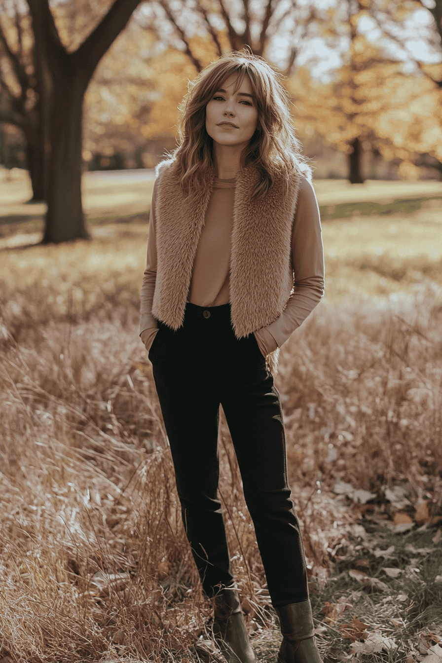 Woman in stylish autumn outfit standing outdoors amid golden fall foliage and sunlight.