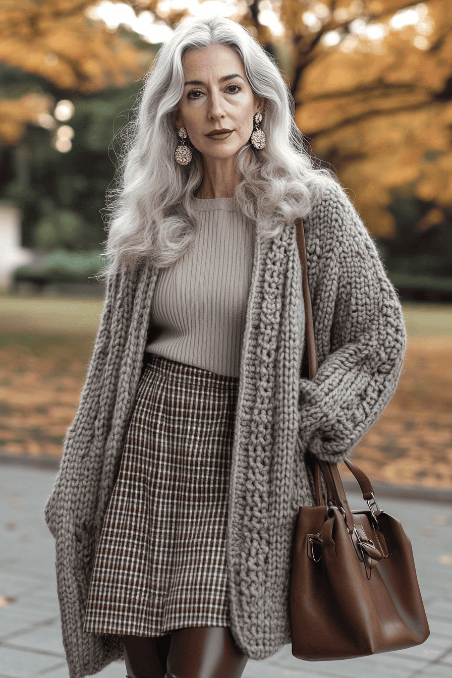 Elegant woman in autumn outfit with plaid skirt, gray cardigan, and bold red lipstick outdoors.