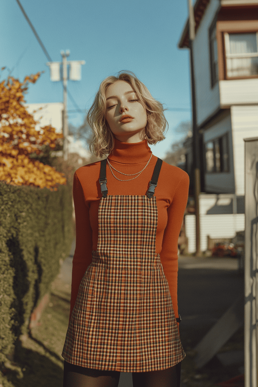 Trendy young woman in autumn plaid dress and orange turtleneck posing outdoors in fall foliage.