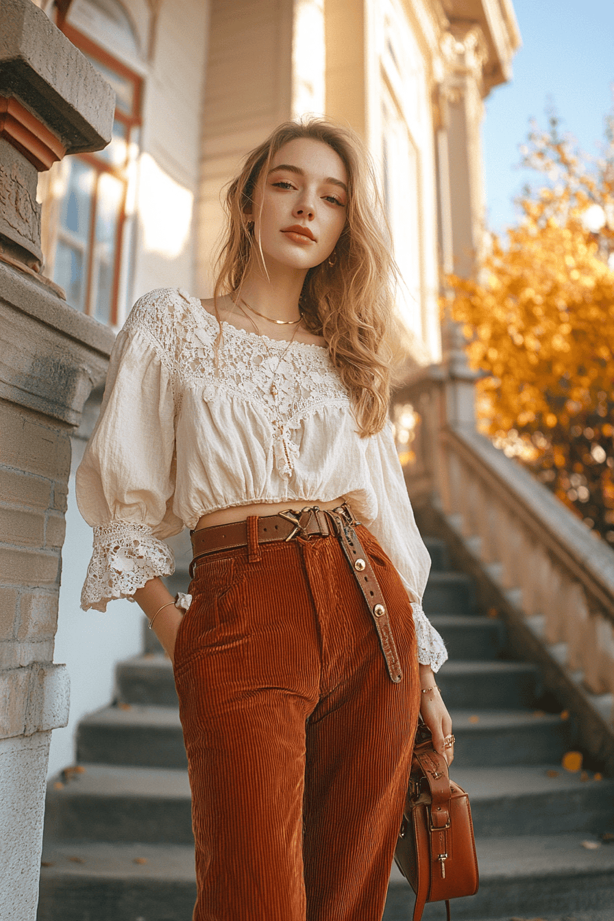 Woman in vintage lace blouse and corduroy pants posing outdoors on autumn staircase with handbag.