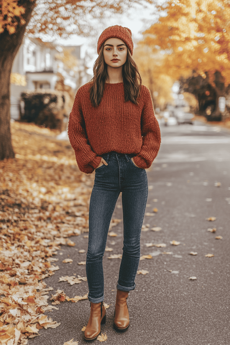 Woman in autumn outfit with rust sweater, jeans, boots on leaf-covered street in fall.
