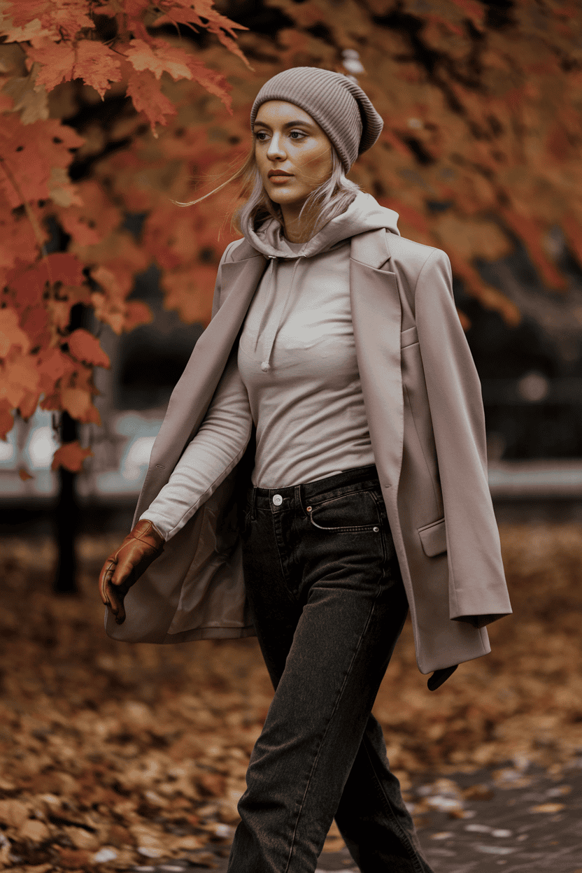 Woman in stylish autumn fashion with blazer and cozy hoodie amidst vibrant fall leaves.