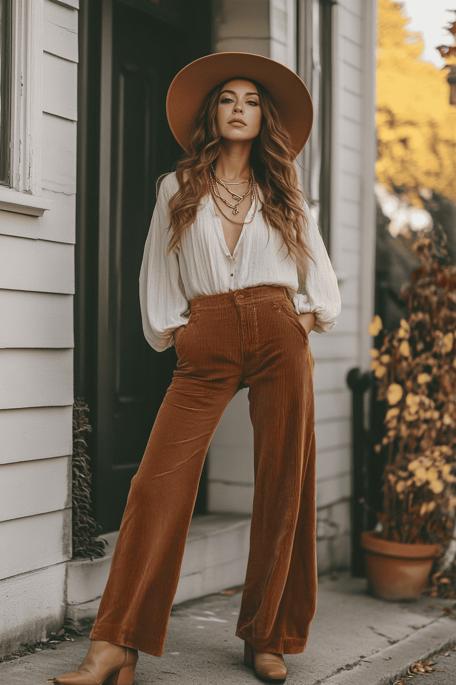 Chic autumn fashion woman in white blouse and corduroy flared pants standing on outdoor steps.