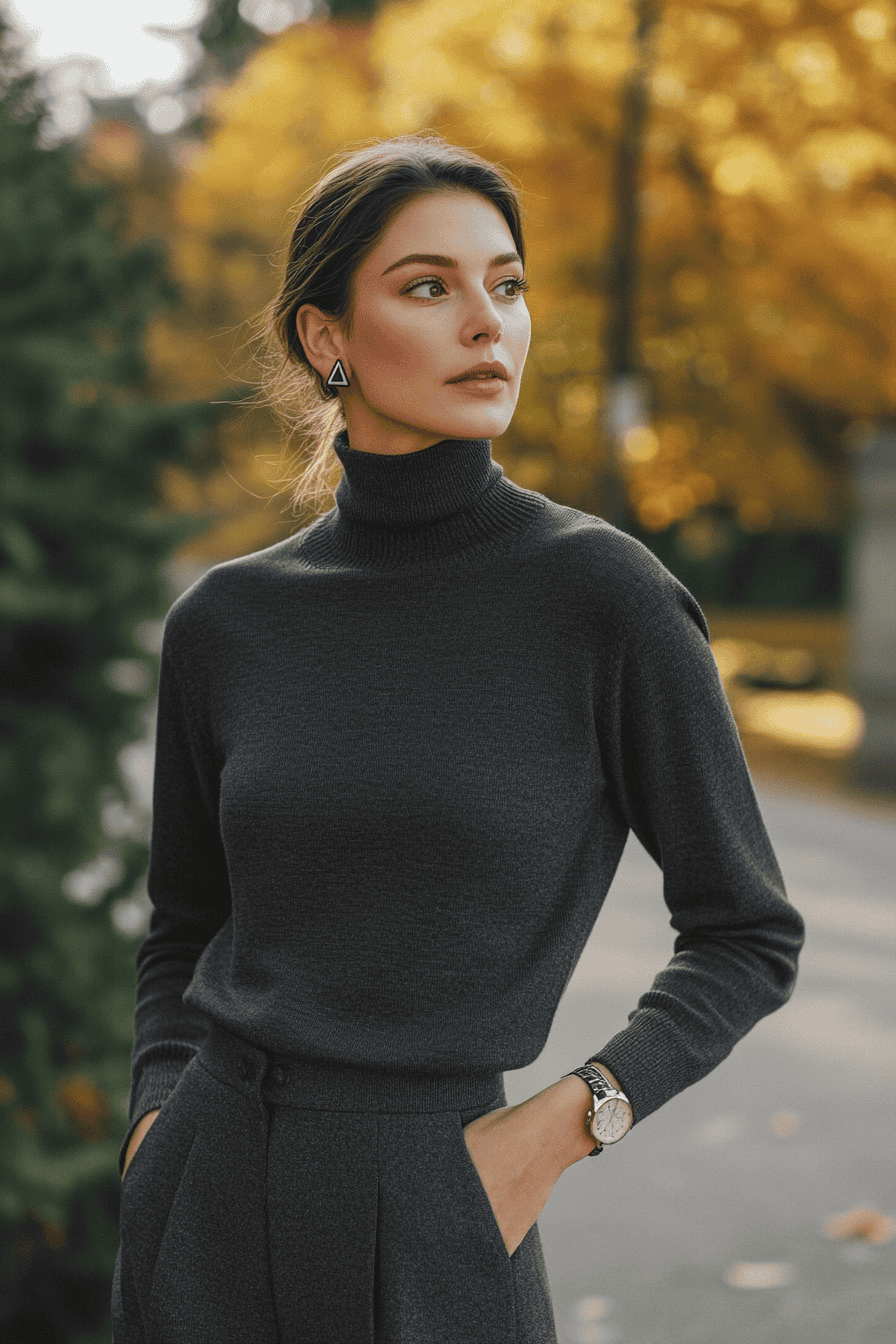 Stylish young woman in gray turtleneck sweater posing outdoors with autumn leaves background.