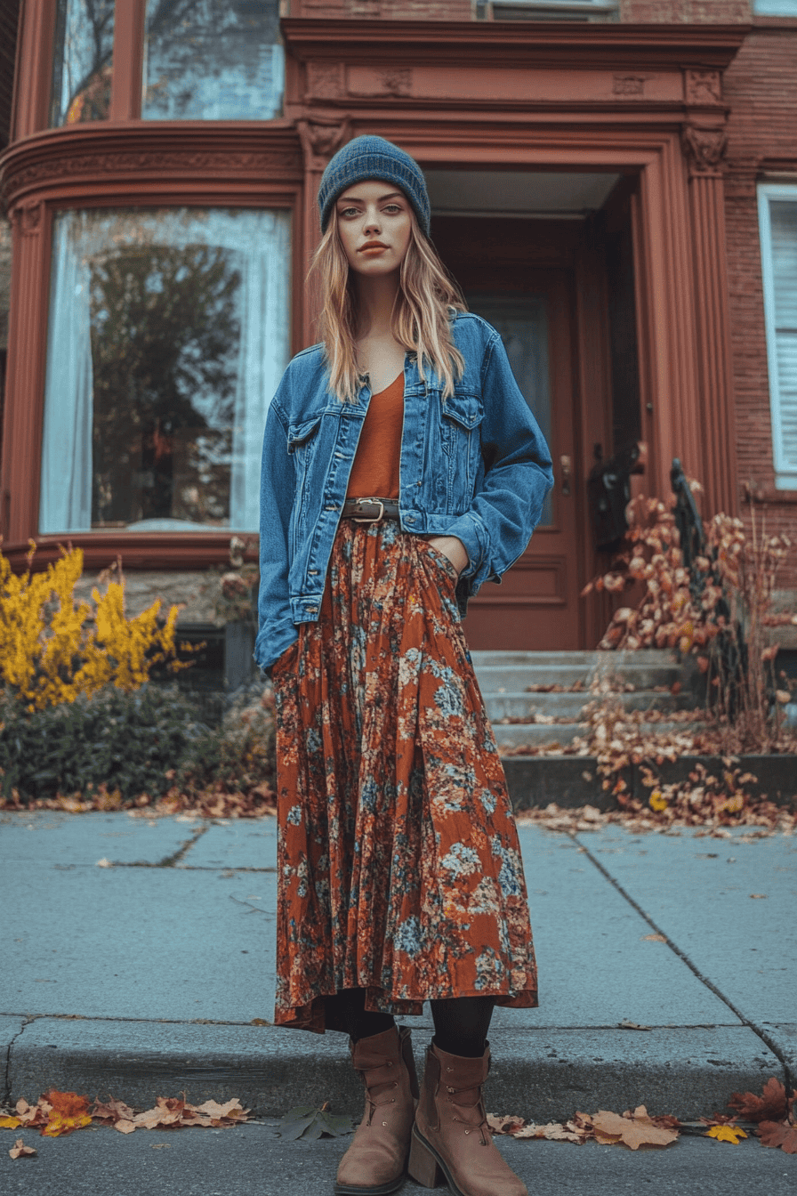 Stylish woman in autumn boho outfit with denim jacket and floral skirt outside vintage home.