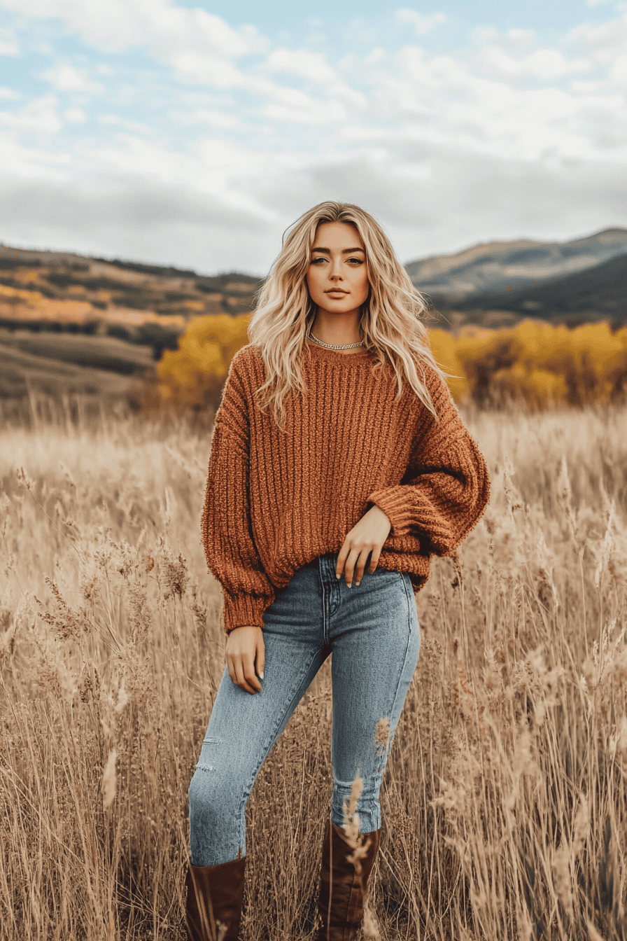 Stylish woman in autumn field wearing orange sweater, jeans, and boots amid fall foliage.