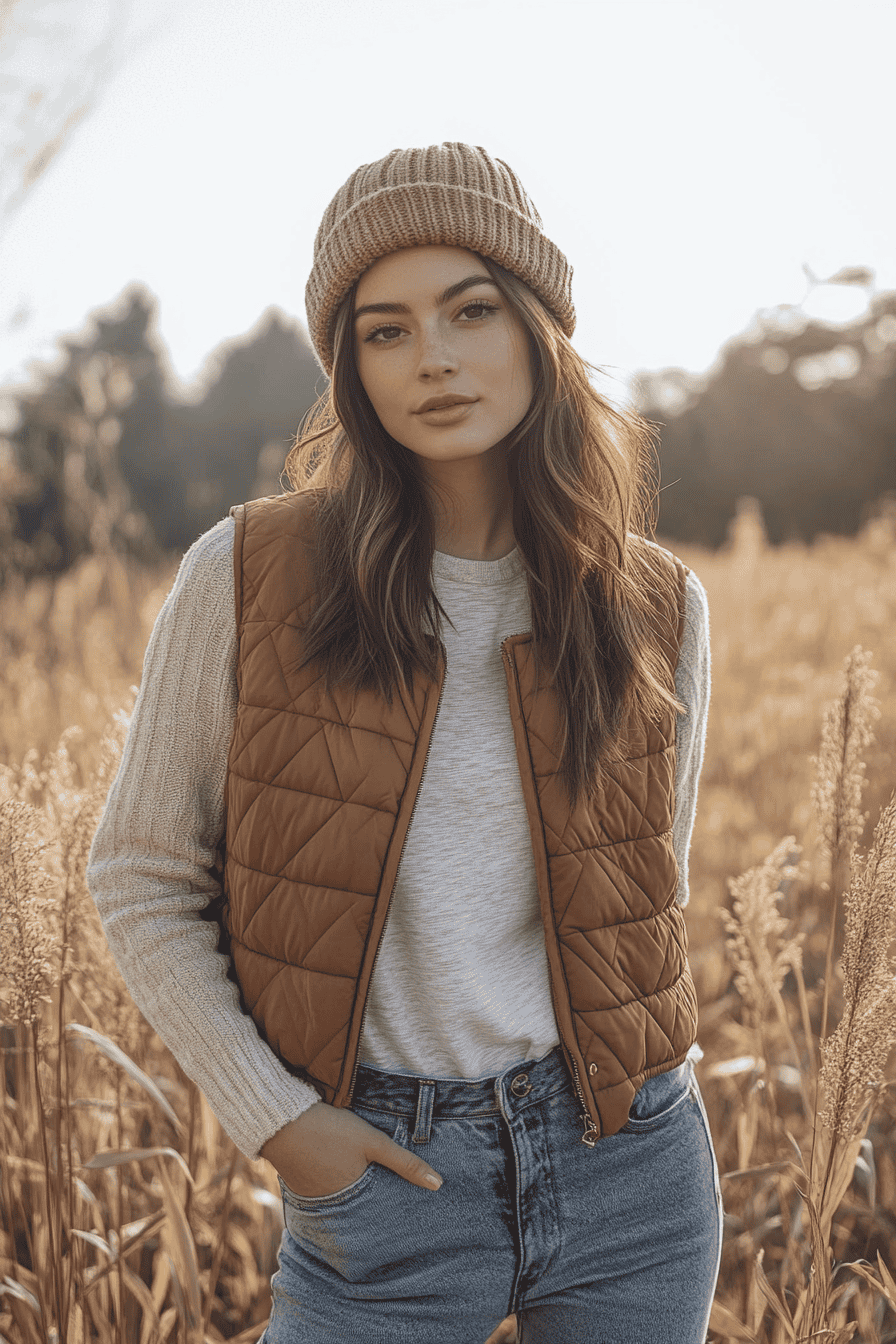 Young woman in fall fashion with vest and beanie in golden autumn field at sunset.