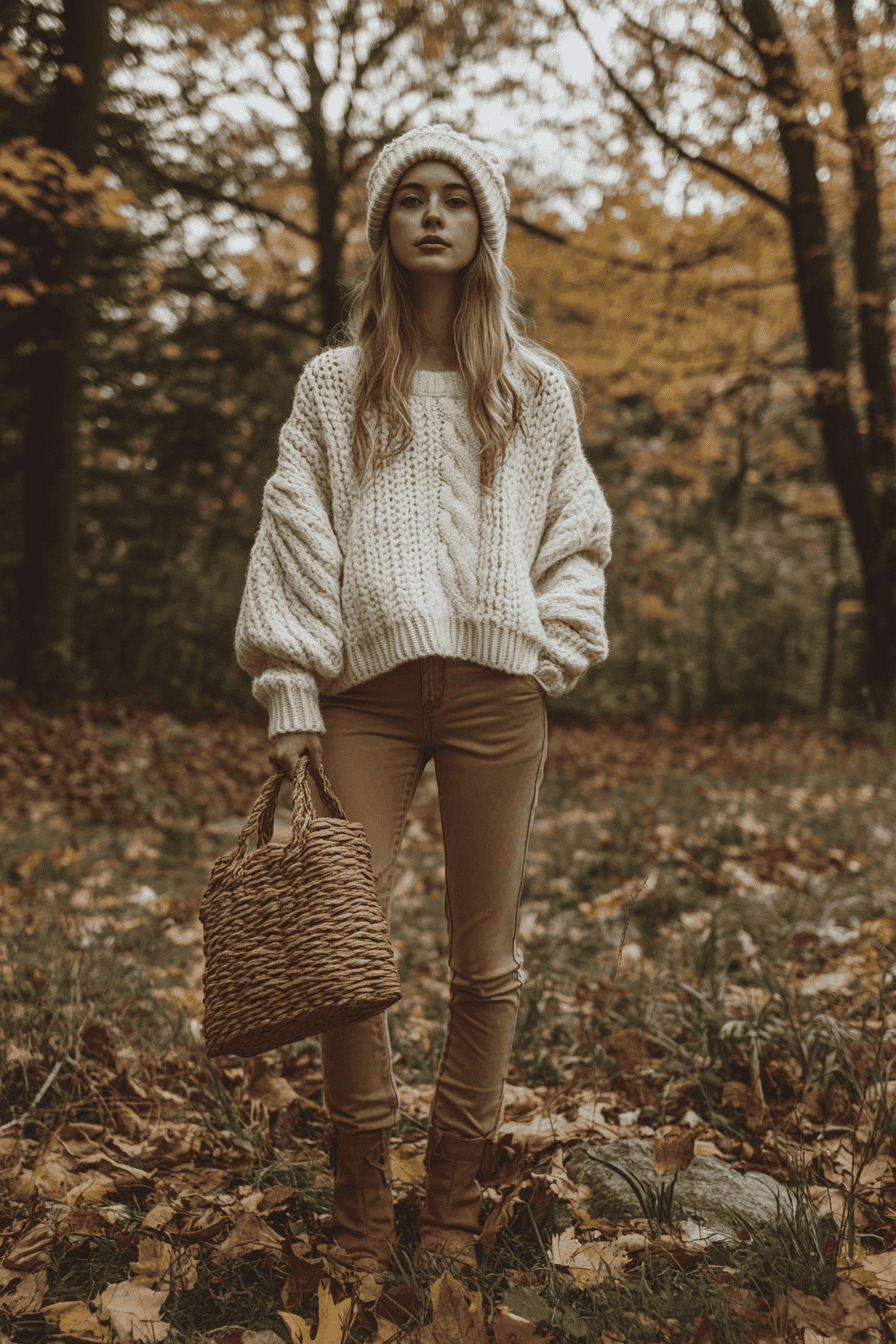 Woman in cozy knit sweater and hat walking in autumn forest with fallen leaves and basket.