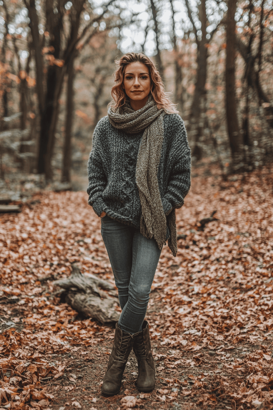 Woman in cozy green sweater and boots standing in autumn forest with fallen leaves.