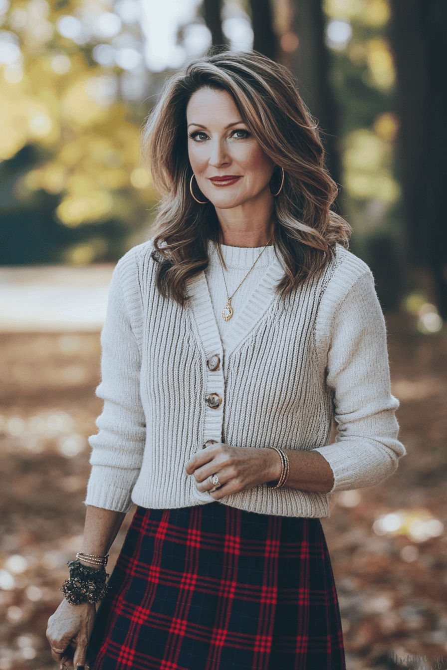 Woman in beige knit cardigan and plaid skirt posing outdoors in autumn, stylish fall fashion outfit.