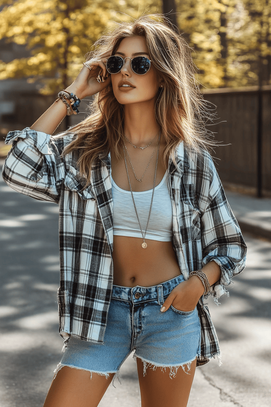 Woman in black and white flannel shirt, white crop top, denim shorts, and sunglasses on autumn street.