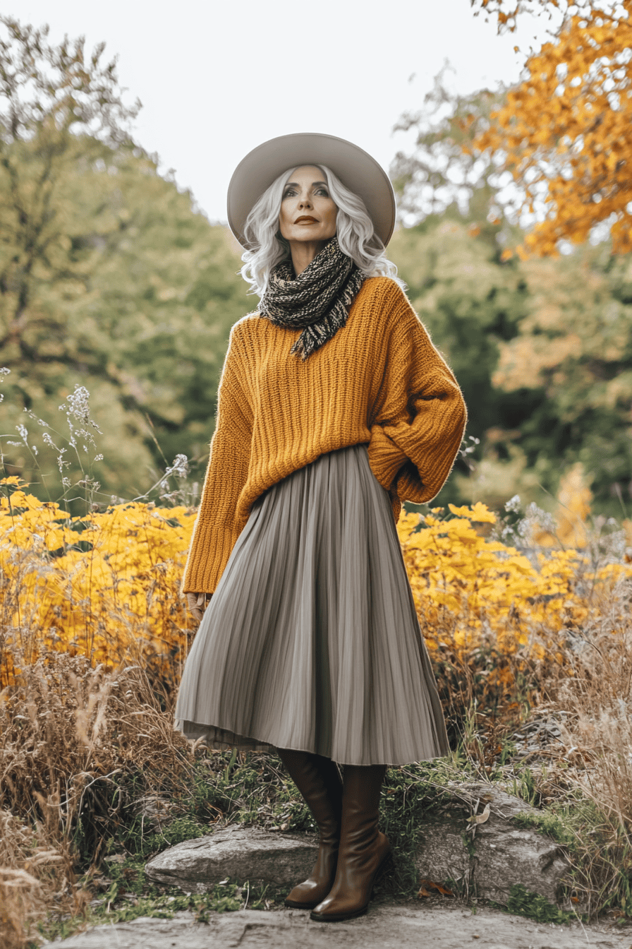 Woman wearing mustard sweater, scarf, pleated skirt, and boots in autumn foliage fashion scene.