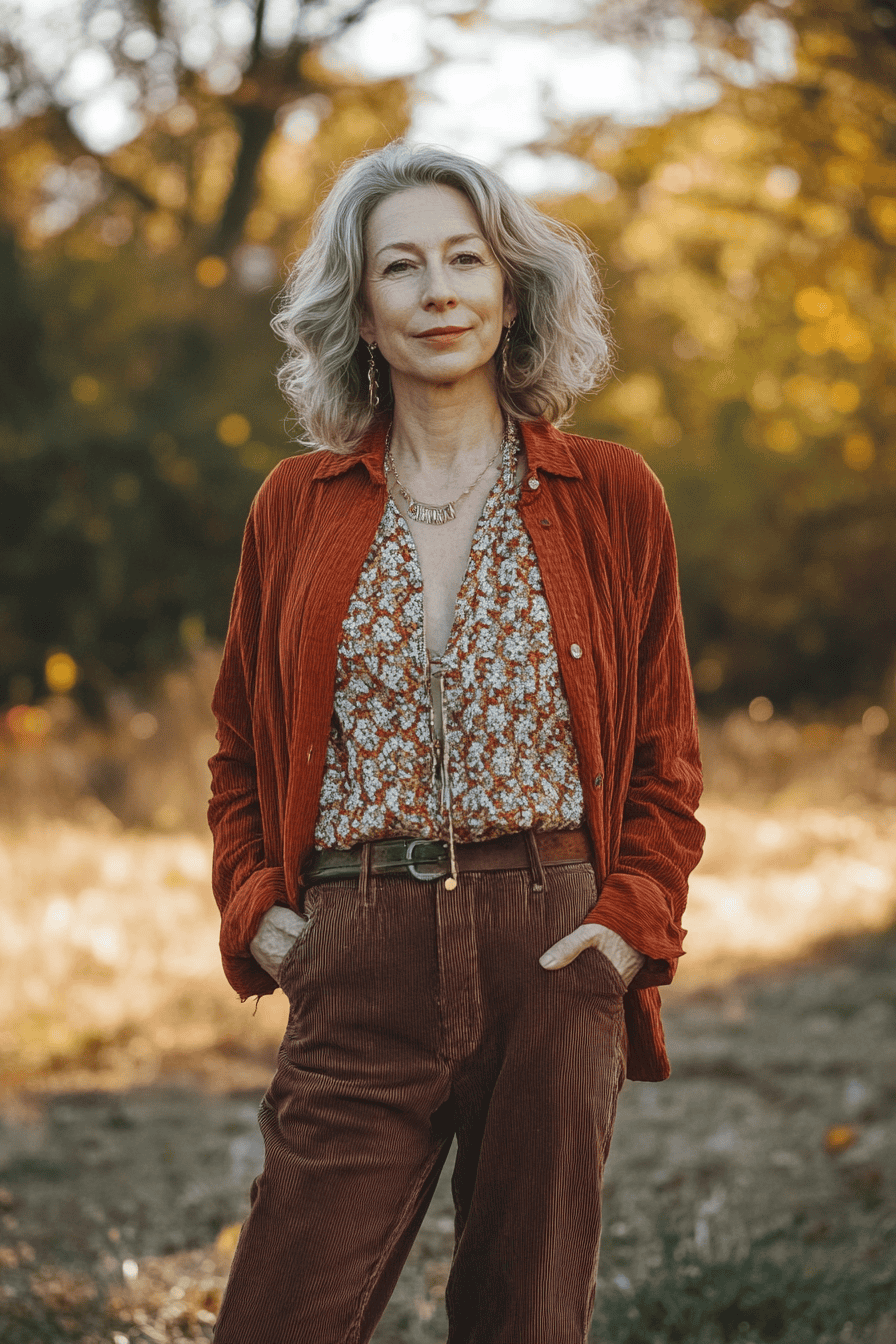 Middle-aged woman in autumn outfit posing outdoors, wearing orange jacket and floral blouse in nature.