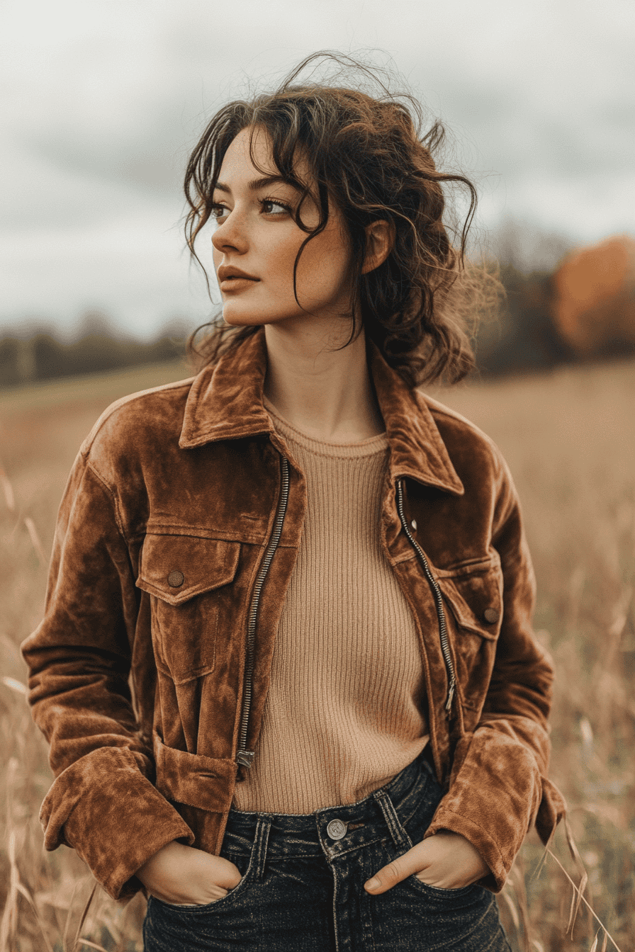 Stylish woman in brown suede jacket stands in autumn field with golden grass and trees.