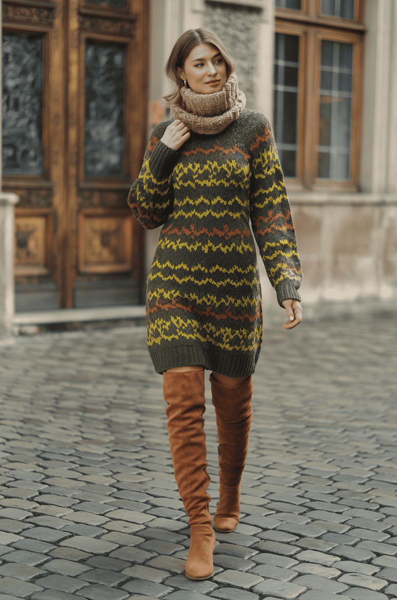 Fashionable woman in oversized knitted dress walks on cobblestone street during autumn.