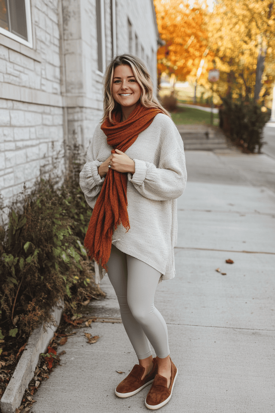 Stylish woman in fall fashion, beige sweater and orange scarf, on leafy autumn sidewalk.