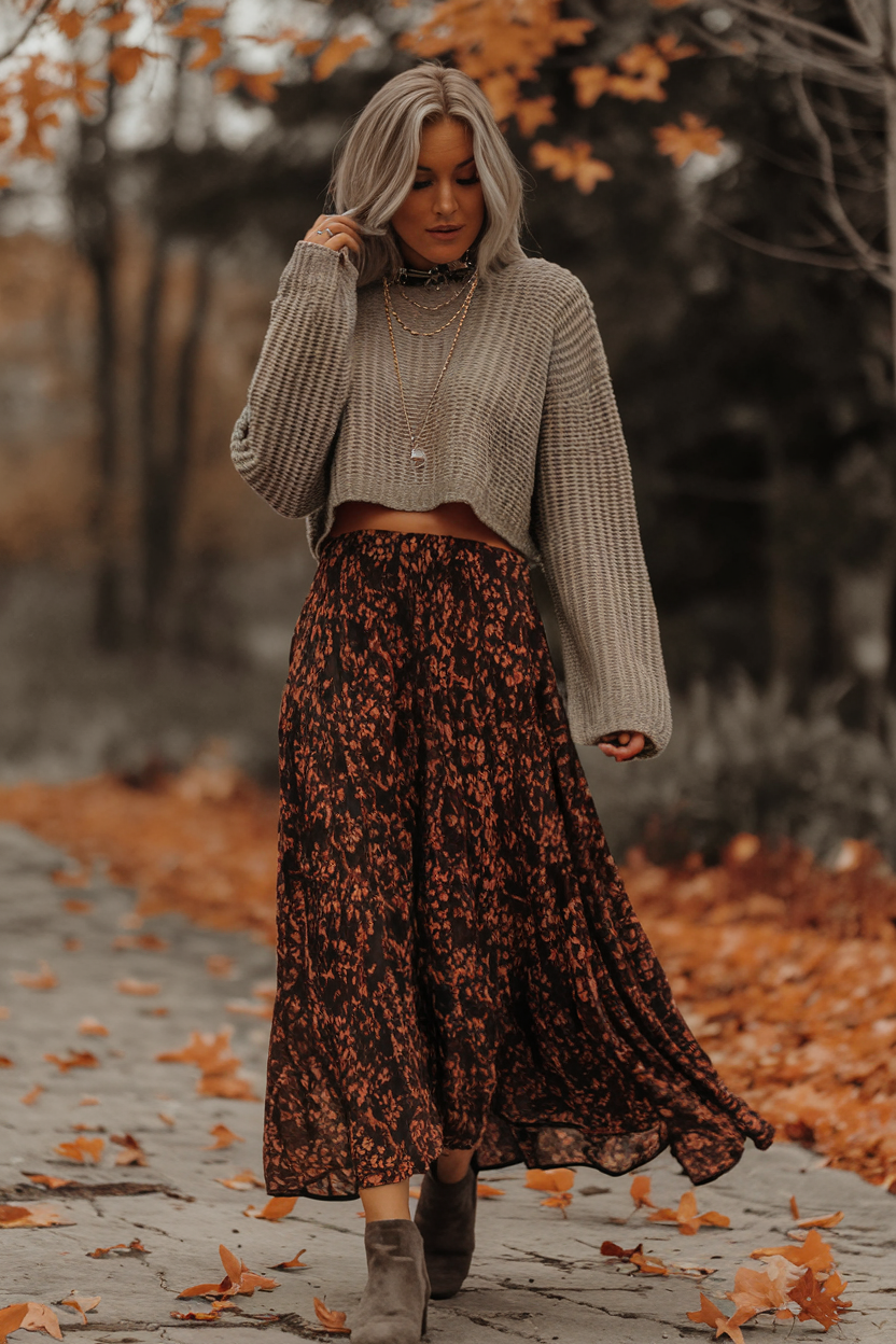 Young woman in stylish autumn fashion walks through a vibrant fall landscape adorned with foliage.