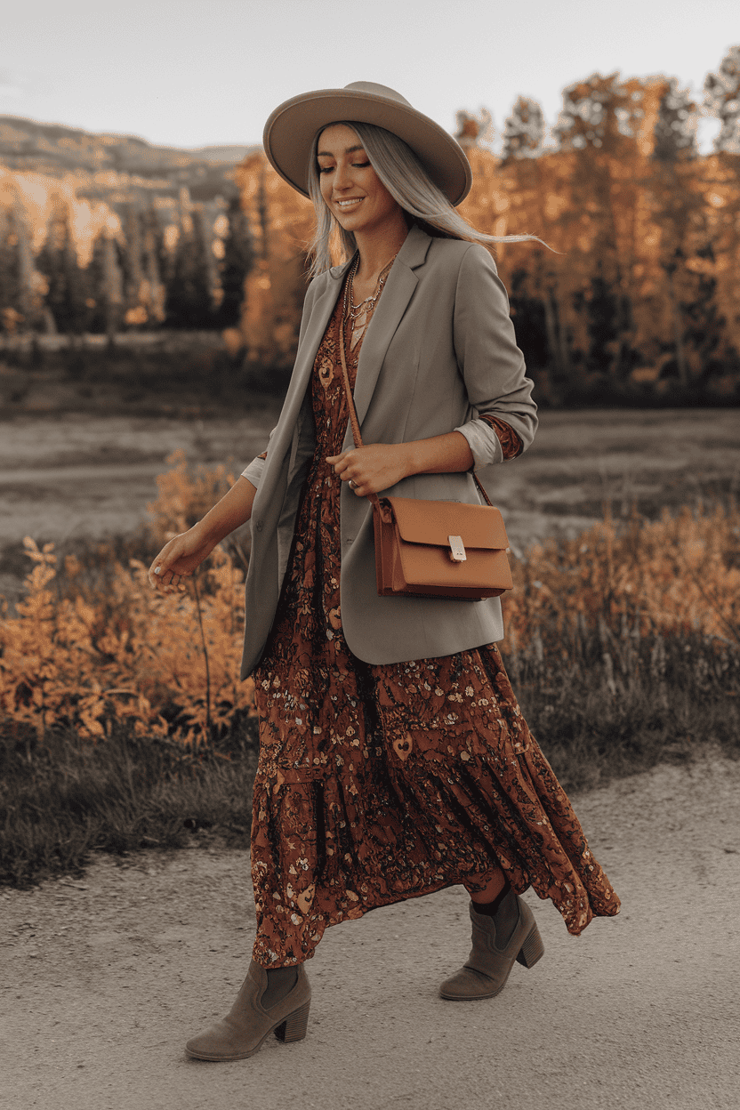 Woman in autumn dress walking along a scenic pathway surrounded by colorful fall foliage.