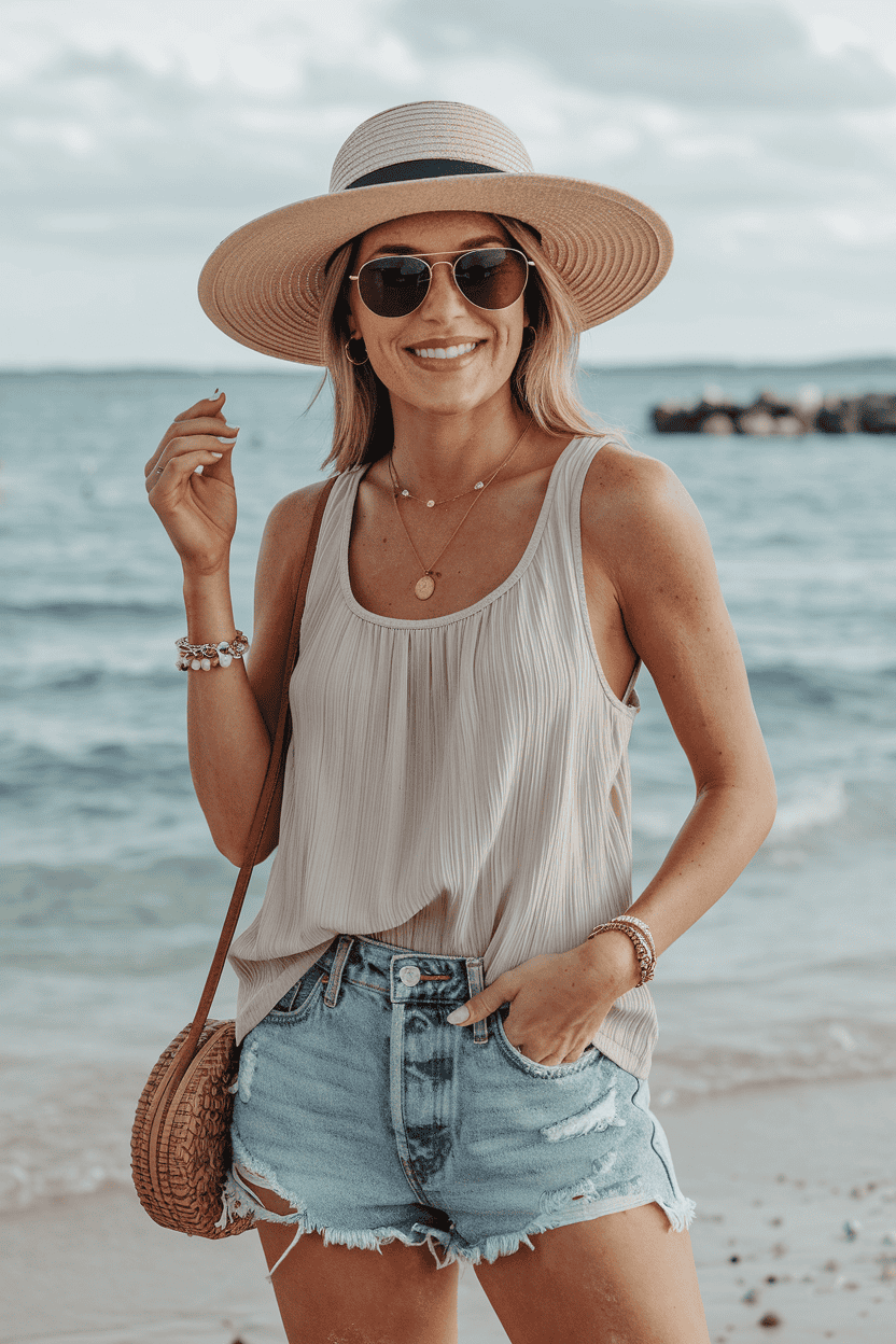 Stylish woman on a beach, wearing a sleeveless top and denim shorts, enjoying summer.