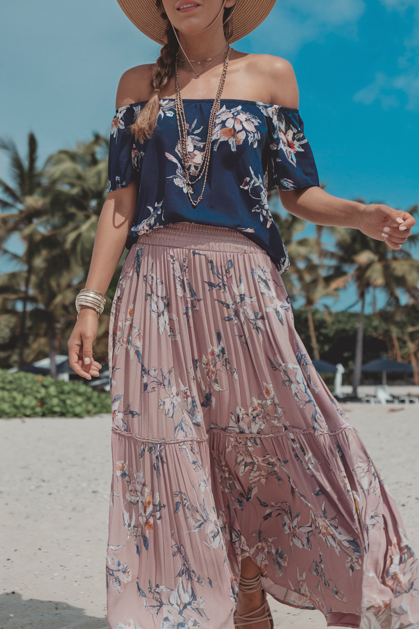 Stylish woman in summer attire walks along a vibrant beach under a blue sky.
