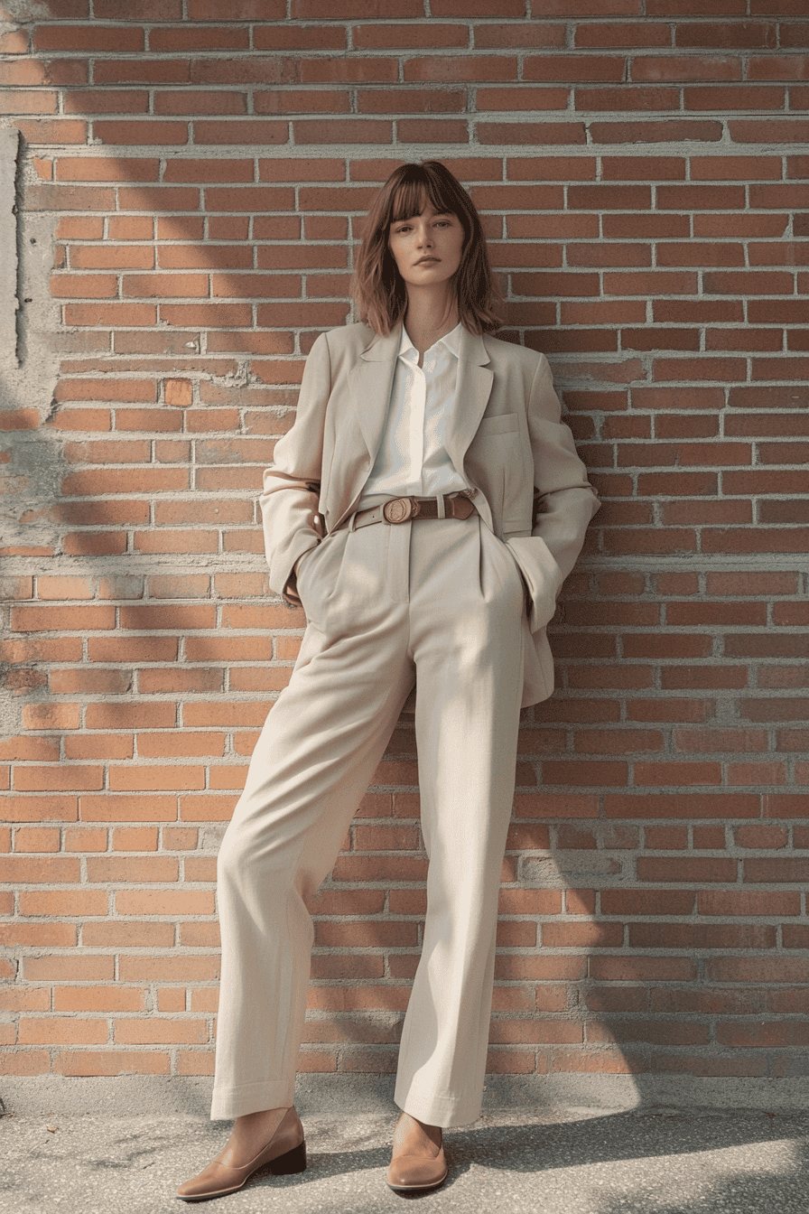 Woman in beige suit posing confidently by brick wall, fashion model showcasing stylish business attire.