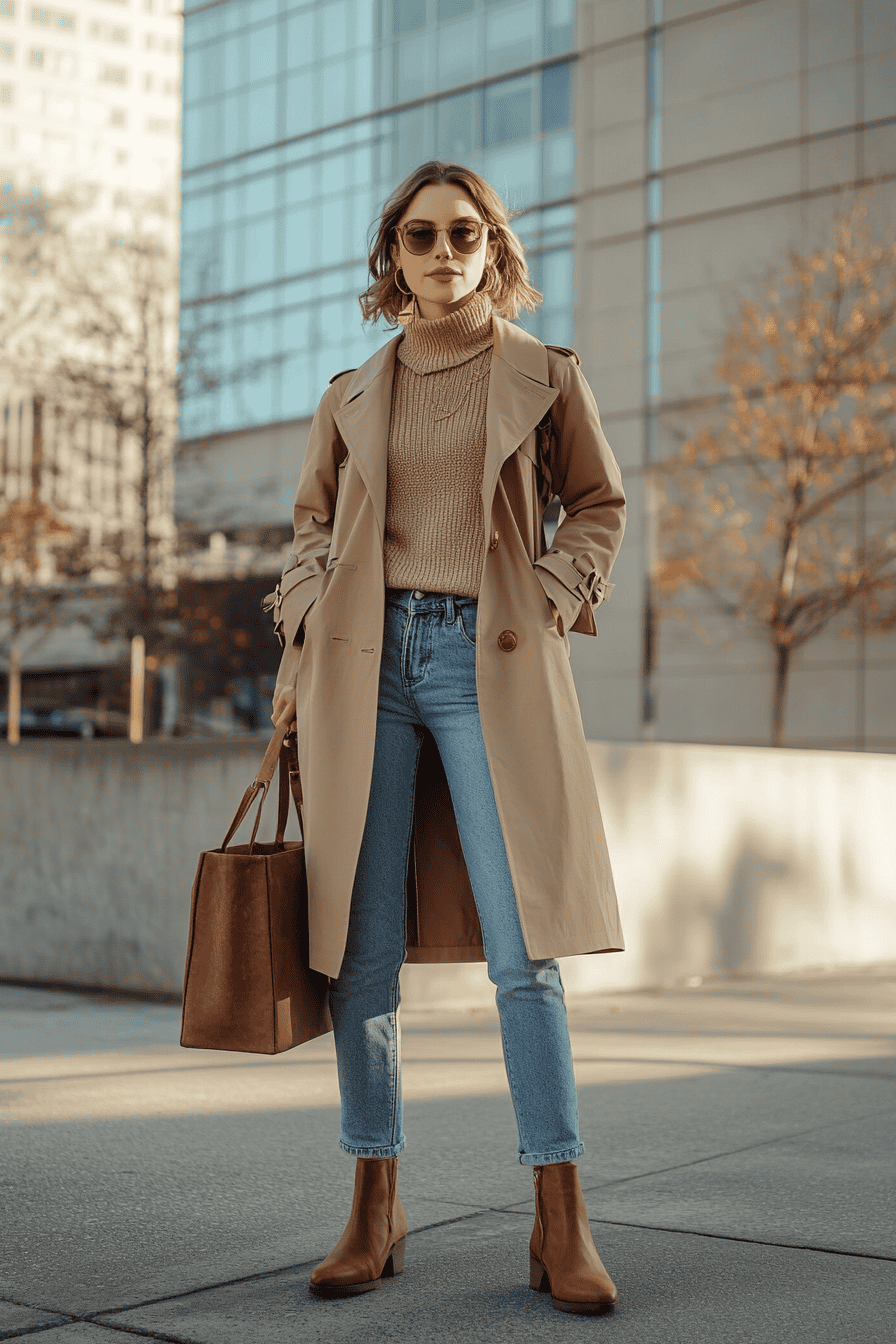 Chic woman in beige trench coat, jeans, and boots, showcasing urban fall street fashion style.