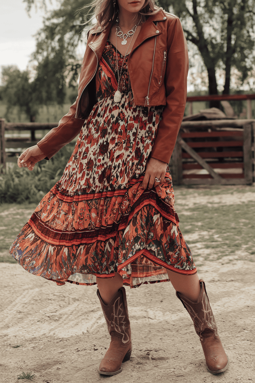 Bohemian-style woman in a vibrant maxi dress and cowboy boots, styled with a leather jacket.