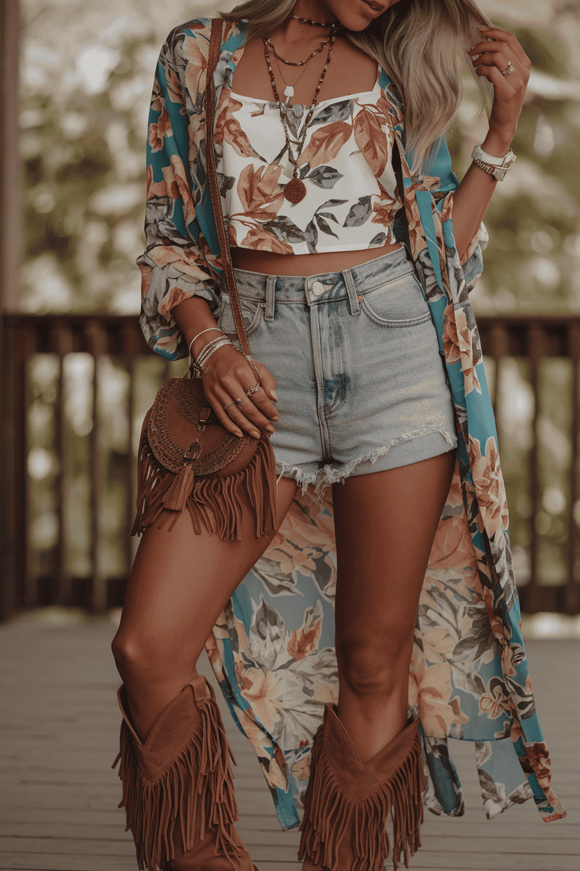 Young woman in floral kimono and denim shorts embodies summer bohemian style outdoors.