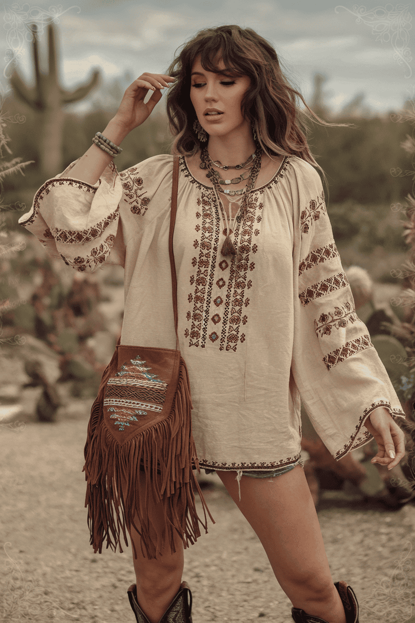 Bohemian woman in desert with cacti, wearing embroidered tunic and cowboy boots.