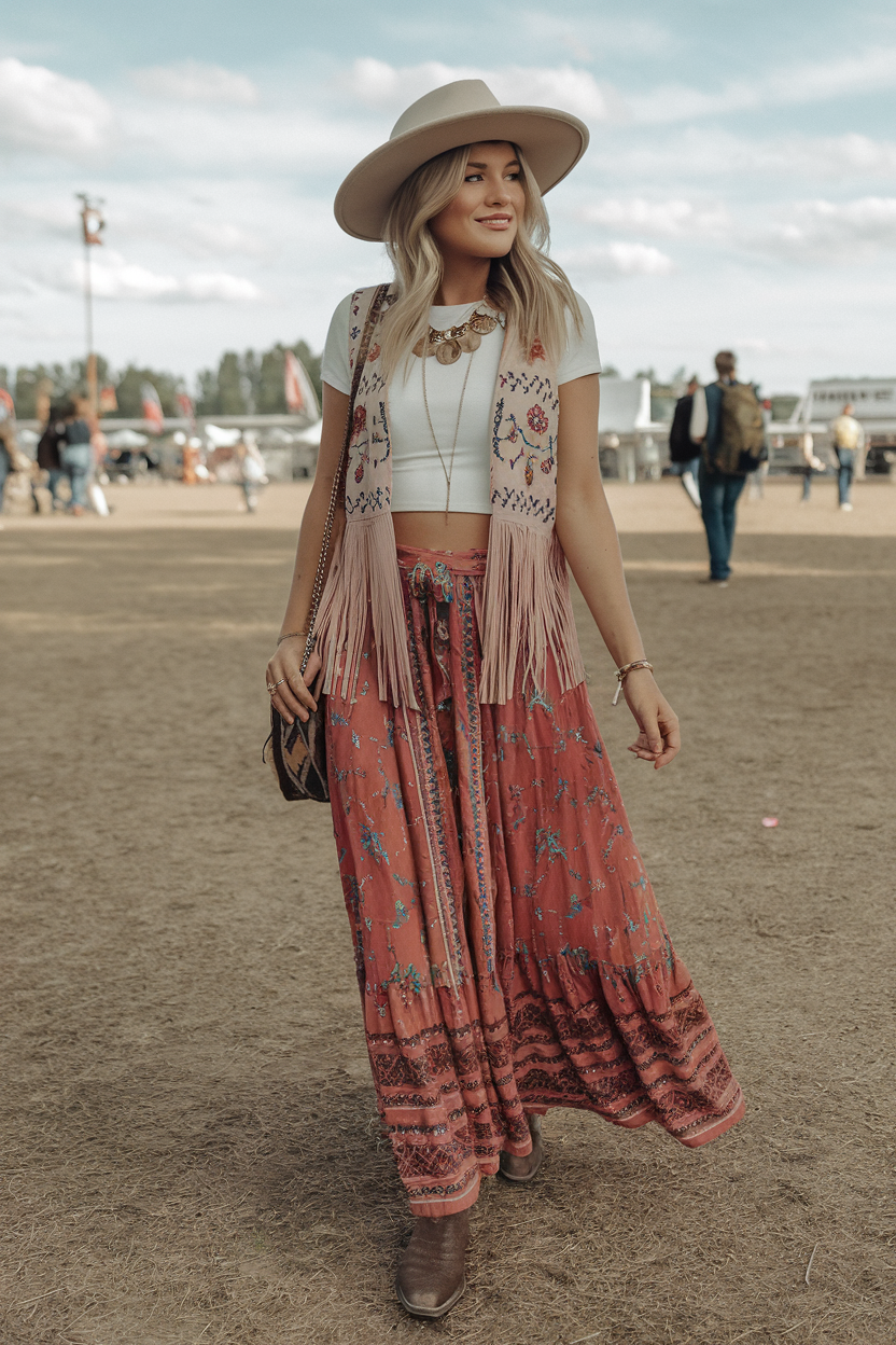 Young woman in bohemian fashion enjoys a vibrant outdoor festival scene.