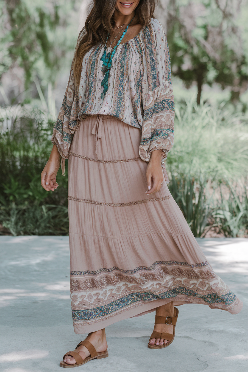 Bohemian woman in flowing skirt strolls along a scenic pathway surrounded by lush greenery.