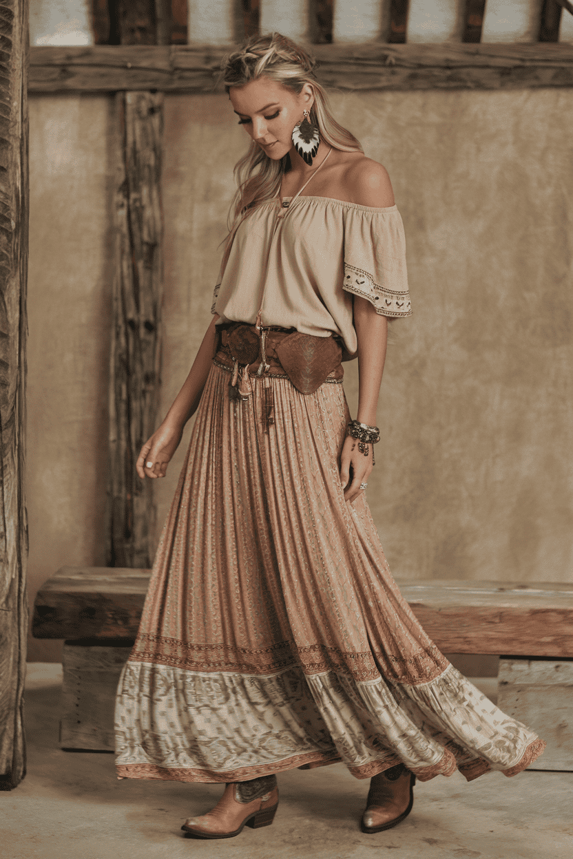 Bohemian woman in elegant off-the-shoulder top and flowing skirt in a rustic setting.