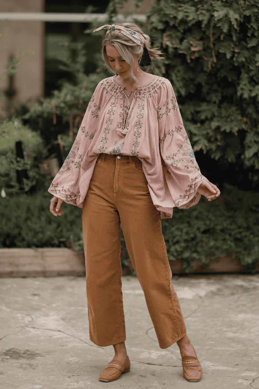 Fashionable woman in blush blouse and wide-leg trousers enjoys serene outdoor greenery.