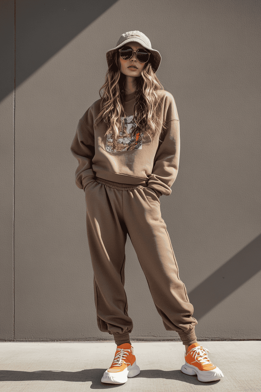 Woman in brown sweatsuit, bucket hat, and orange chunky sneakers, casual streetwear fashion.