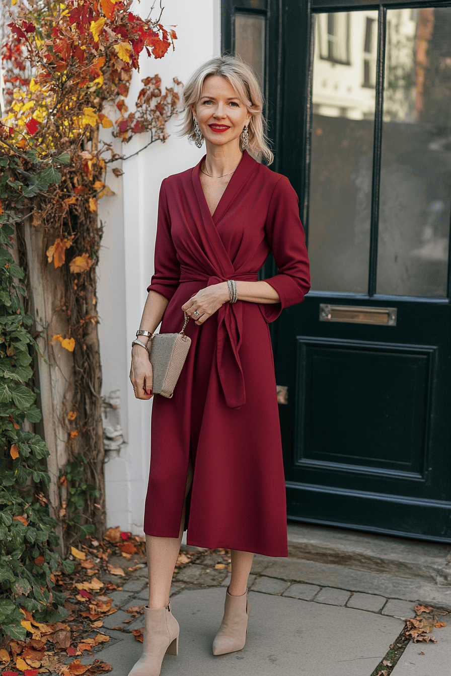 Elegant woman in burgundy wrap dress posing outdoors by green door with autumn leaves.