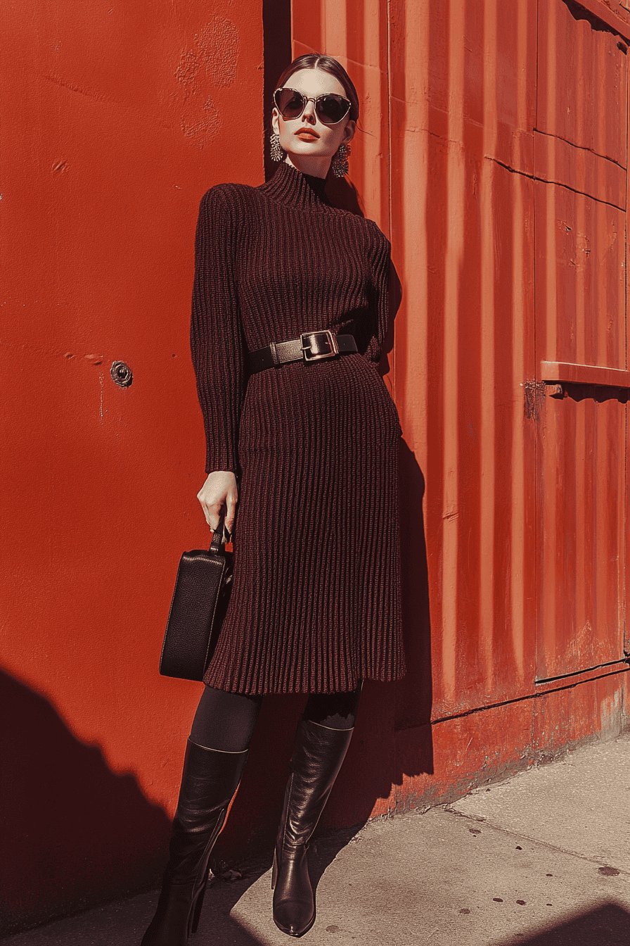 Woman in maroon ribbed dress and black boots posing stylishly against urban red wall background.