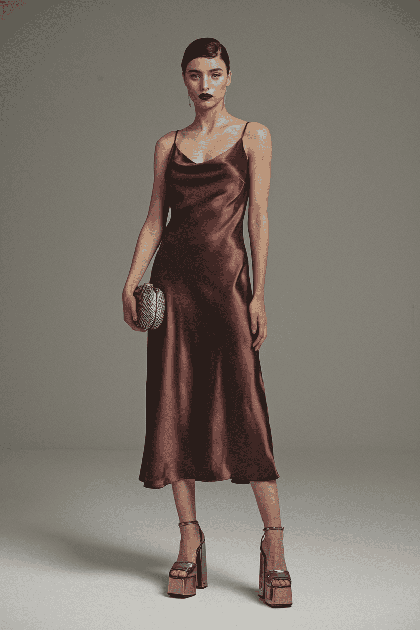 Model in a burgundy satin slip dress exudes elegance with bold makeup and chic accessories.