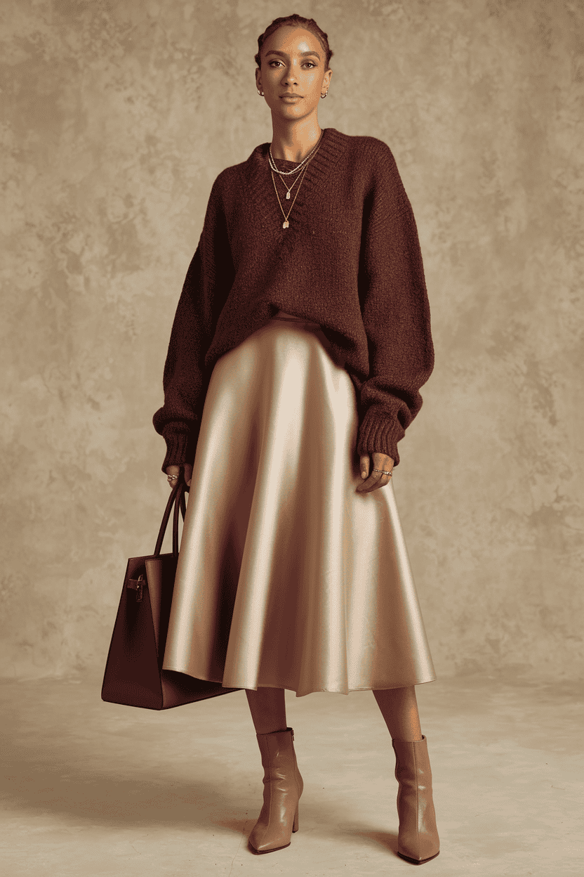 Elegant woman in burgundy sweater and gold satin skirt, showcasing modern fashion style.