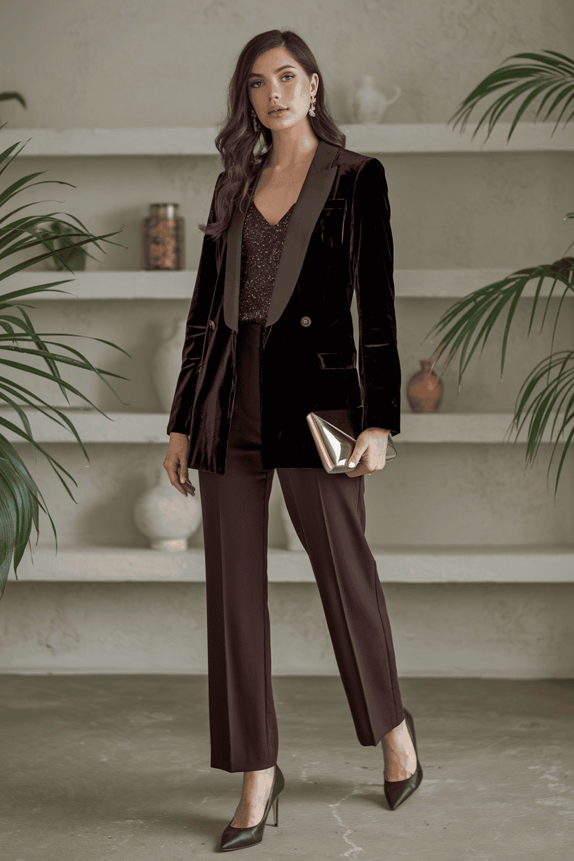 Stylish woman in burgundy velvet blazer exudes elegance and confidence in chic indoor space.